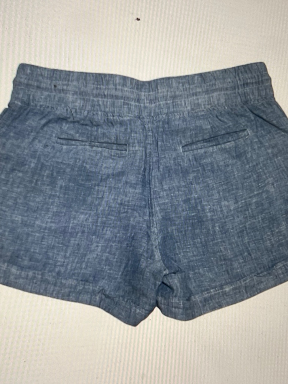 Athleta Cabo Linen Shorts Women 14 Blue Chambray Pull on Drawstring 4" Inseam